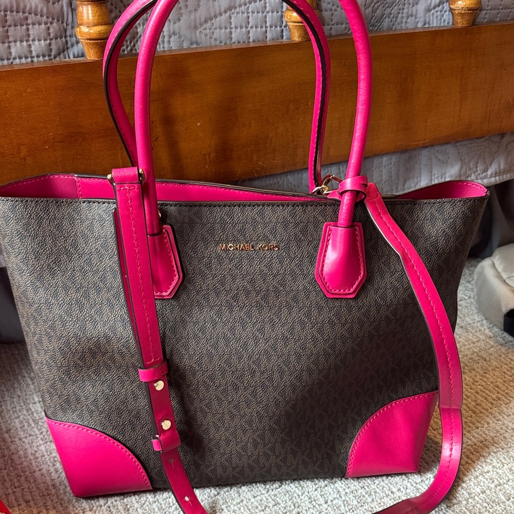 Michael Kors Brown Logo Tote with Hot Pink Trim